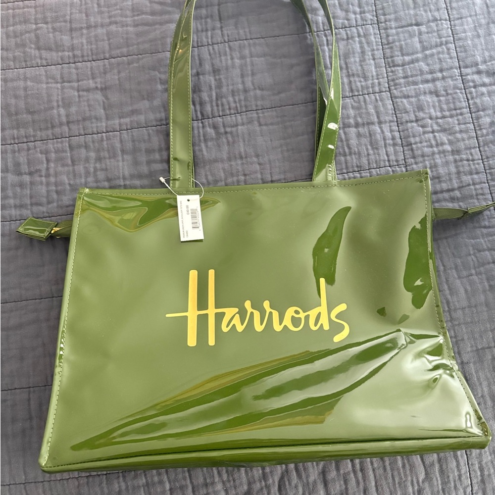 Harrods Chartreuse Glossy Tote Bag with Iconic Logo